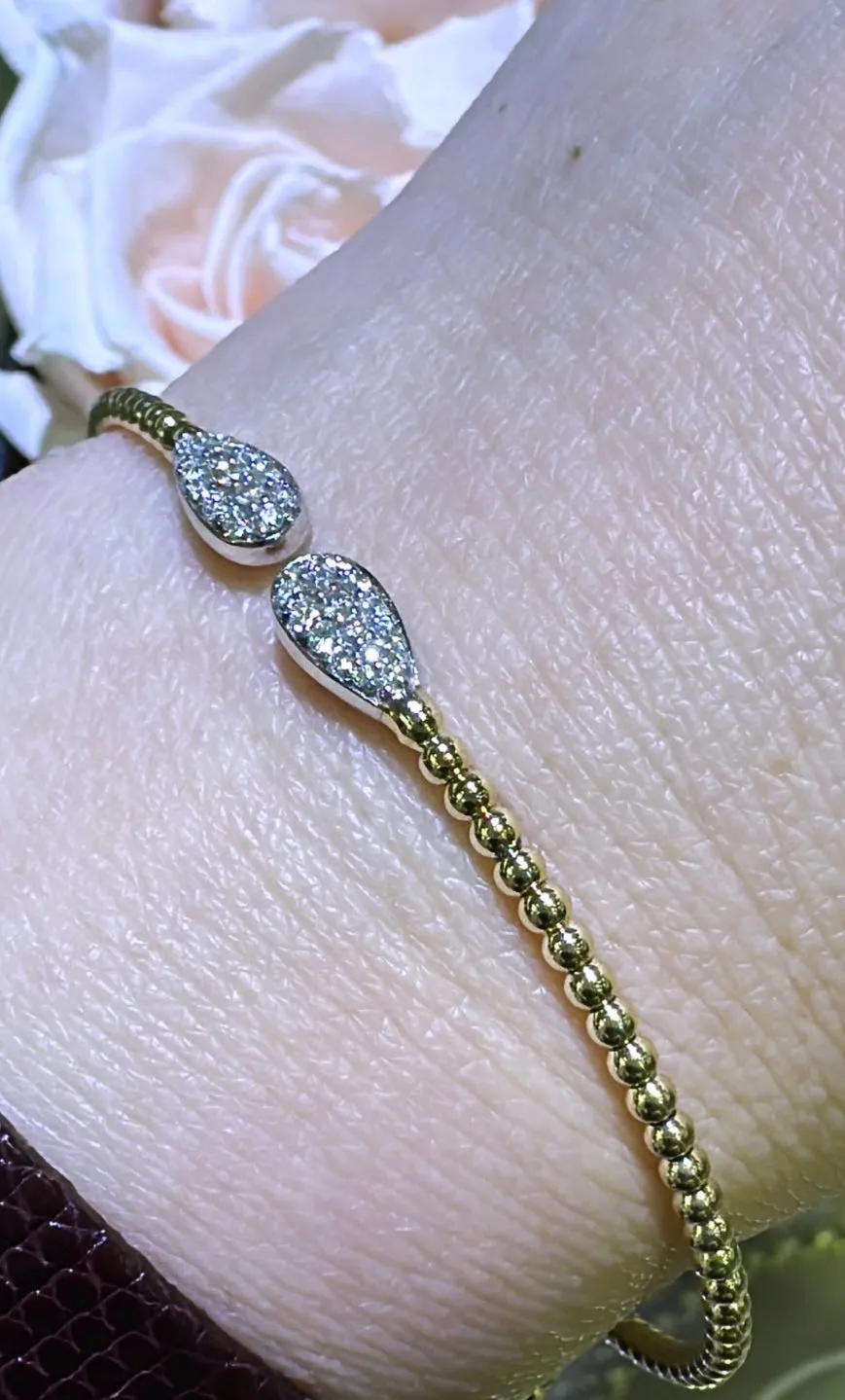 0.28carat Pave Diamond Beaded Gold Open Wrap Bangle Bracelet