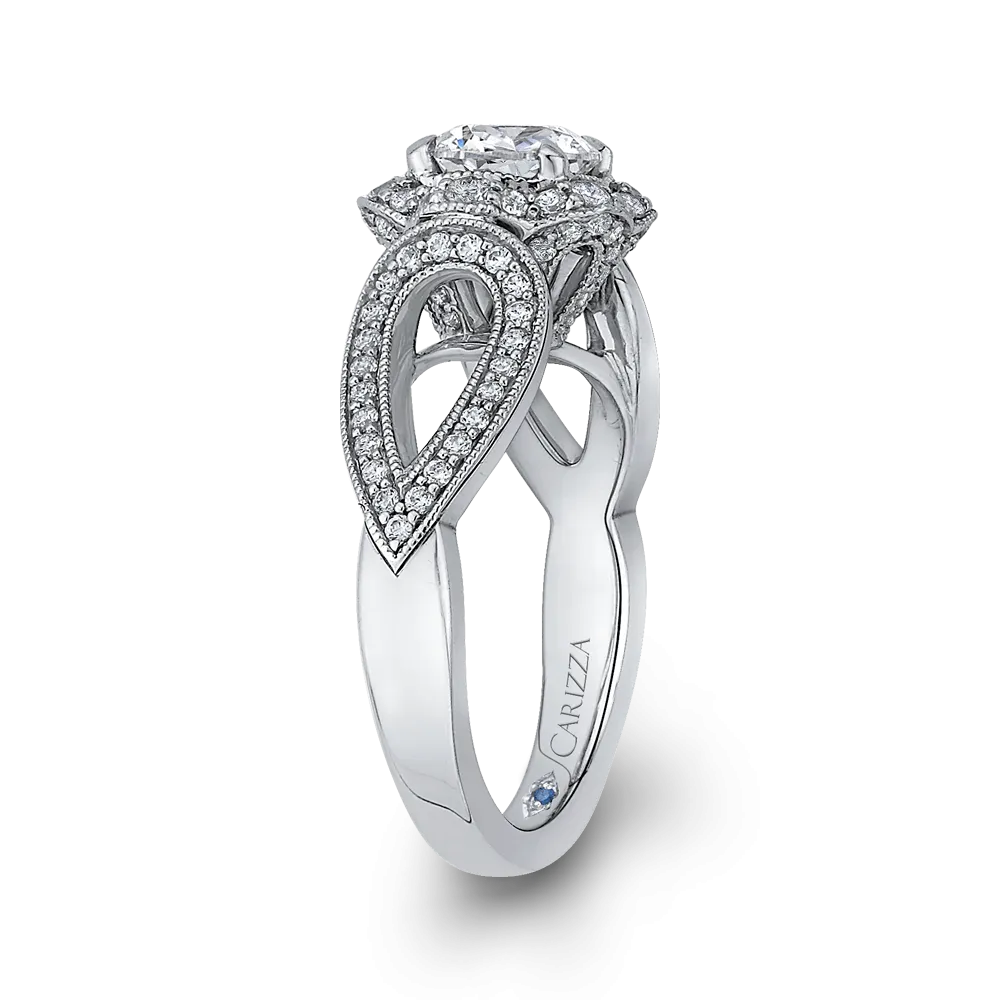 14K White Gold Round Diamond Floral Halo Engagement Ring with Split Shank (Semi Mount)