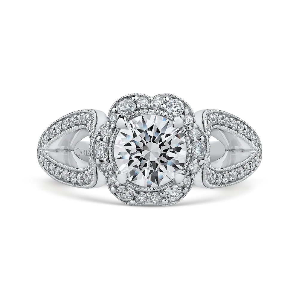 14K White Gold Round Diamond Floral Halo Engagement Ring with Split Shank (Semi Mount)