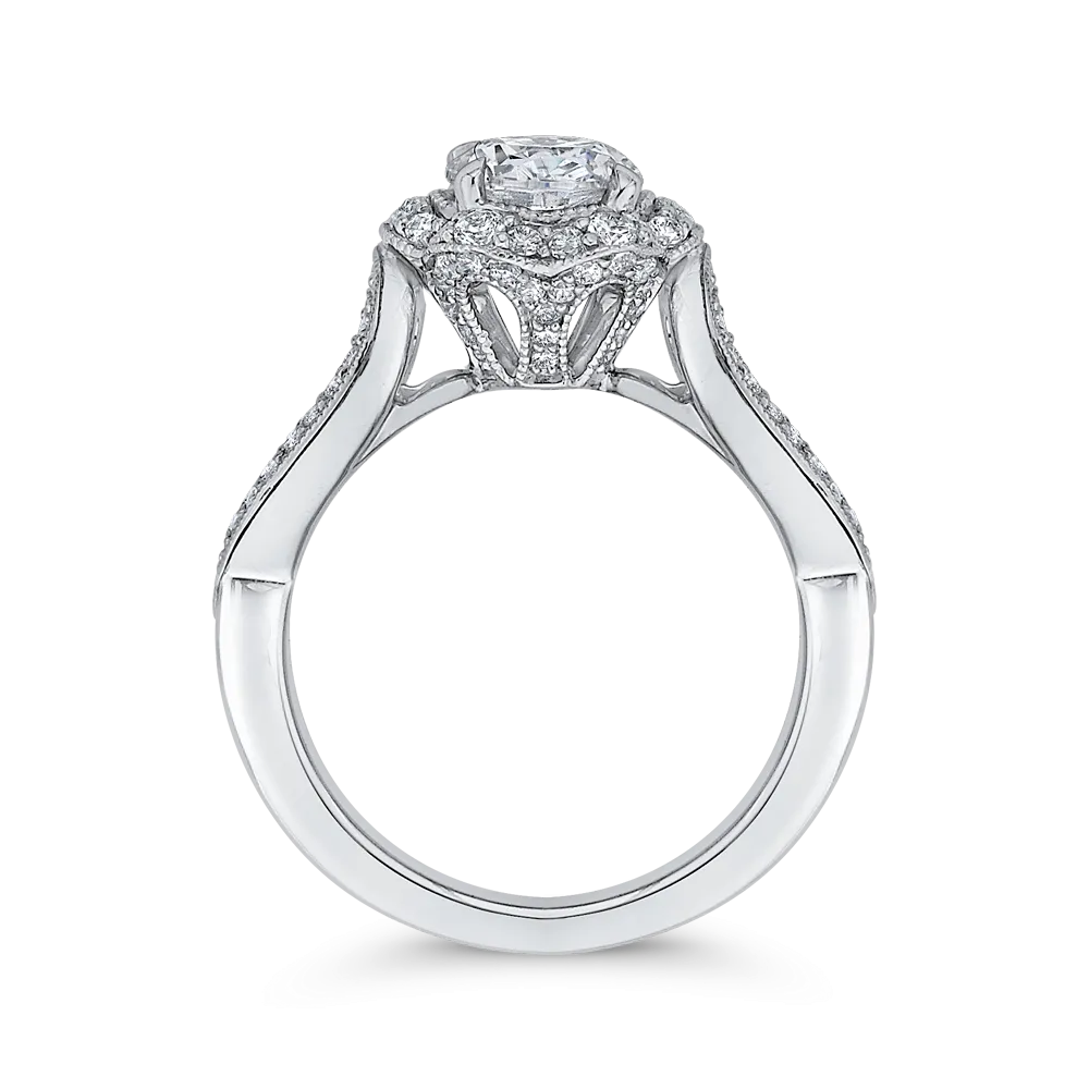 14K White Gold Round Diamond Floral Halo Engagement Ring with Split Shank (Semi Mount)