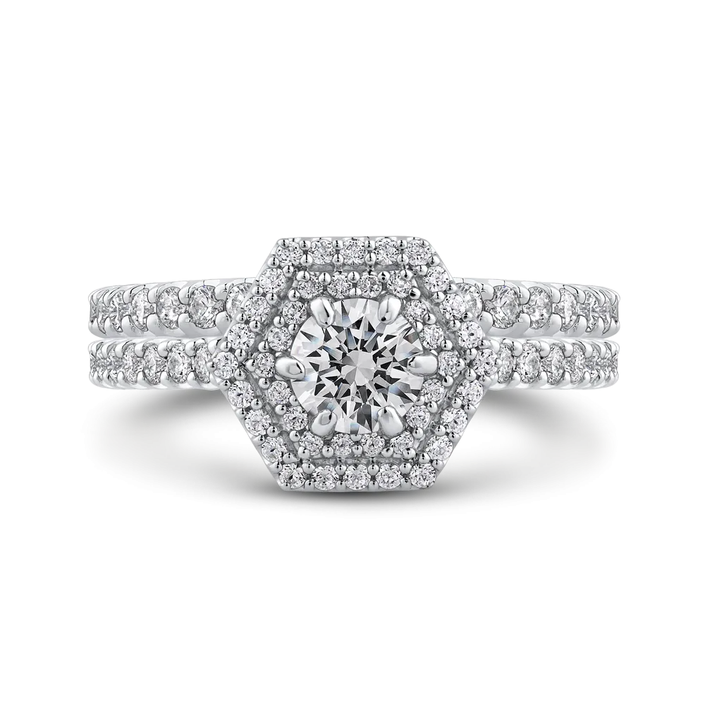14K White Gold Round Diamond Hexagon Shape Double Halo Engagement Ring