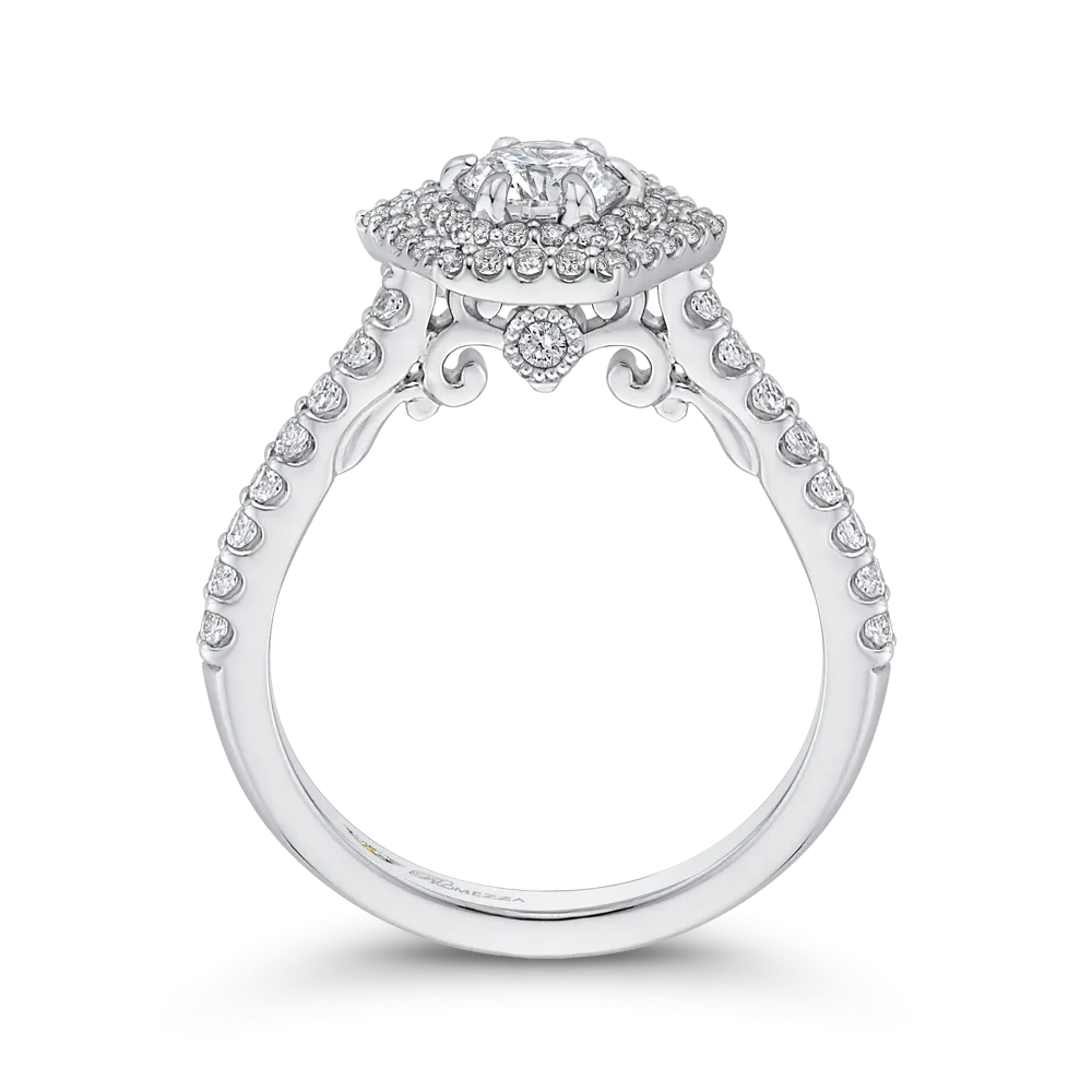 14K White Gold Round Diamond Hexagon Shape Double Halo Engagement Ring
