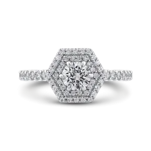 14K White Gold Round Diamond Hexagon Shape Double Halo Engagement Ring