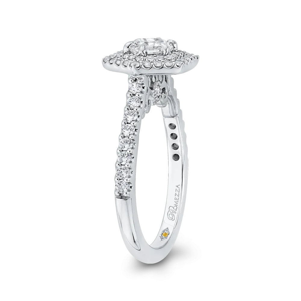 14K White Gold Round Diamond Hexagon Shape Double Halo Engagement Ring