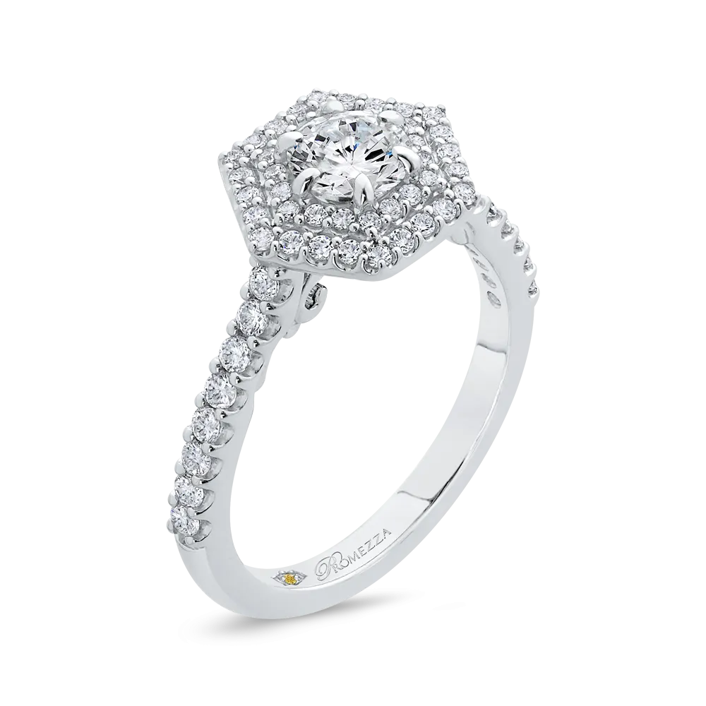 14K White Gold Round Diamond Hexagon Shape Double Halo Engagement Ring