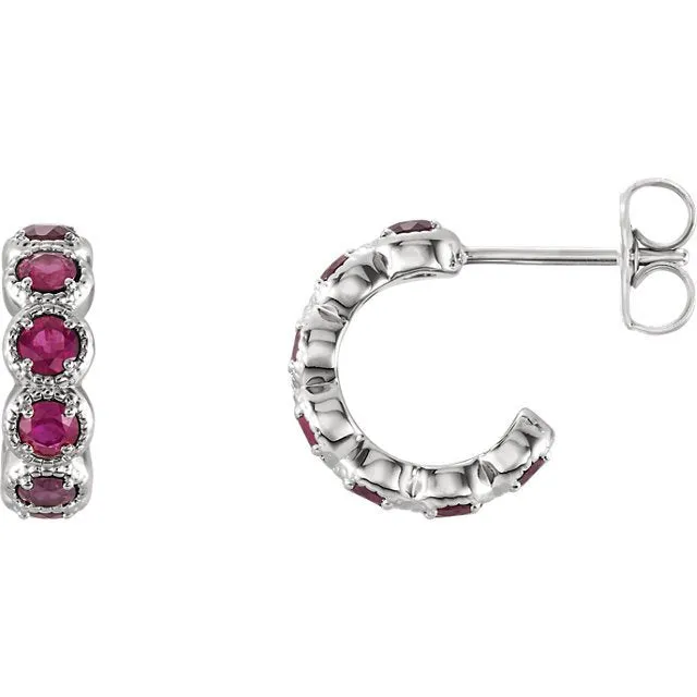 14KT GOLD 1.26 CTW ROUND RUBY J HOOP EARRINGS