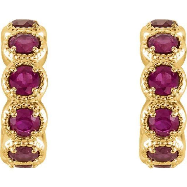 14KT GOLD 1.26 CTW ROUND RUBY J HOOP EARRINGS