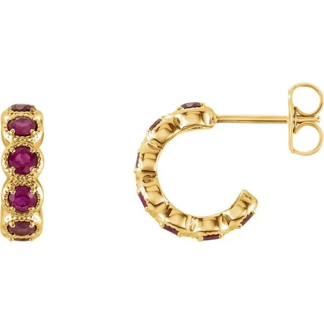 14KT GOLD 1.26 CTW ROUND RUBY J HOOP EARRINGS