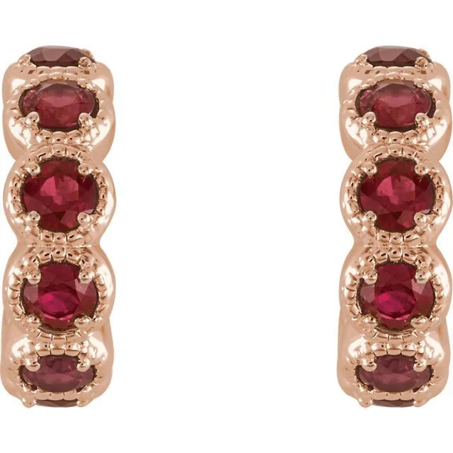 14KT GOLD 1.26 CTW ROUND RUBY J HOOP EARRINGS