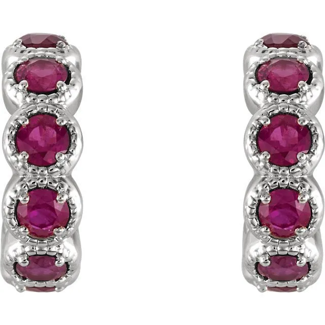 14KT GOLD 1.26 CTW ROUND RUBY J HOOP EARRINGS