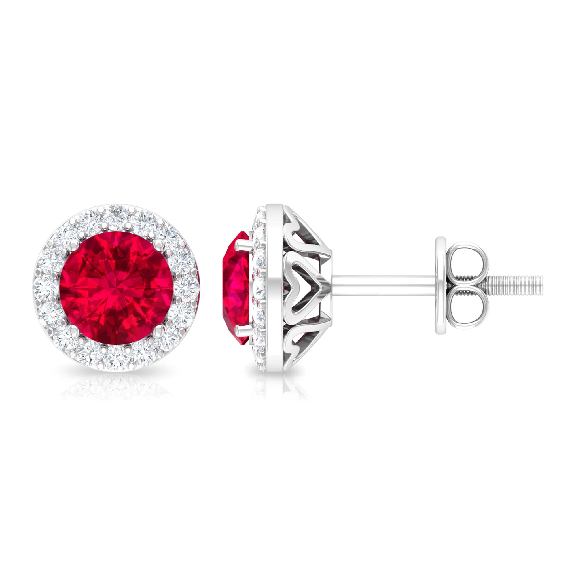 1.5 CT Lab Grown Ruby and Diamond Halo Classic Stud Earring