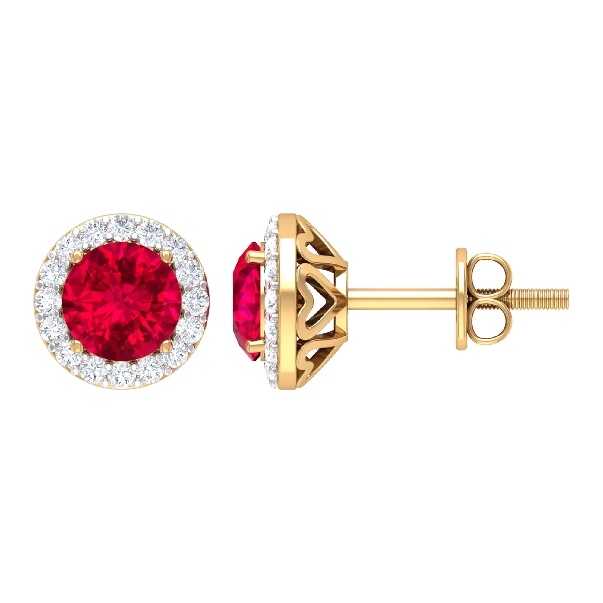 1.5 CT Lab Grown Ruby and Diamond Halo Classic Stud Earring
