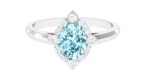 1.50 CT Art Deco Engagement Ring with Oval Shape Aquamarine and Diamond Accent