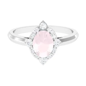 1.50 CT Art Deco Engagement Ring with Oval Shape Rose Quartz and Diamond Accent