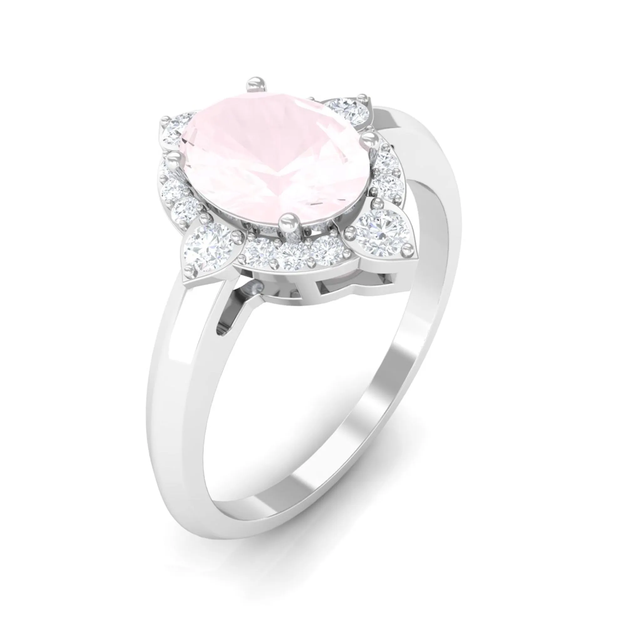 1.50 CT Art Deco Engagement Ring with Oval Shape Rose Quartz and Diamond Accent