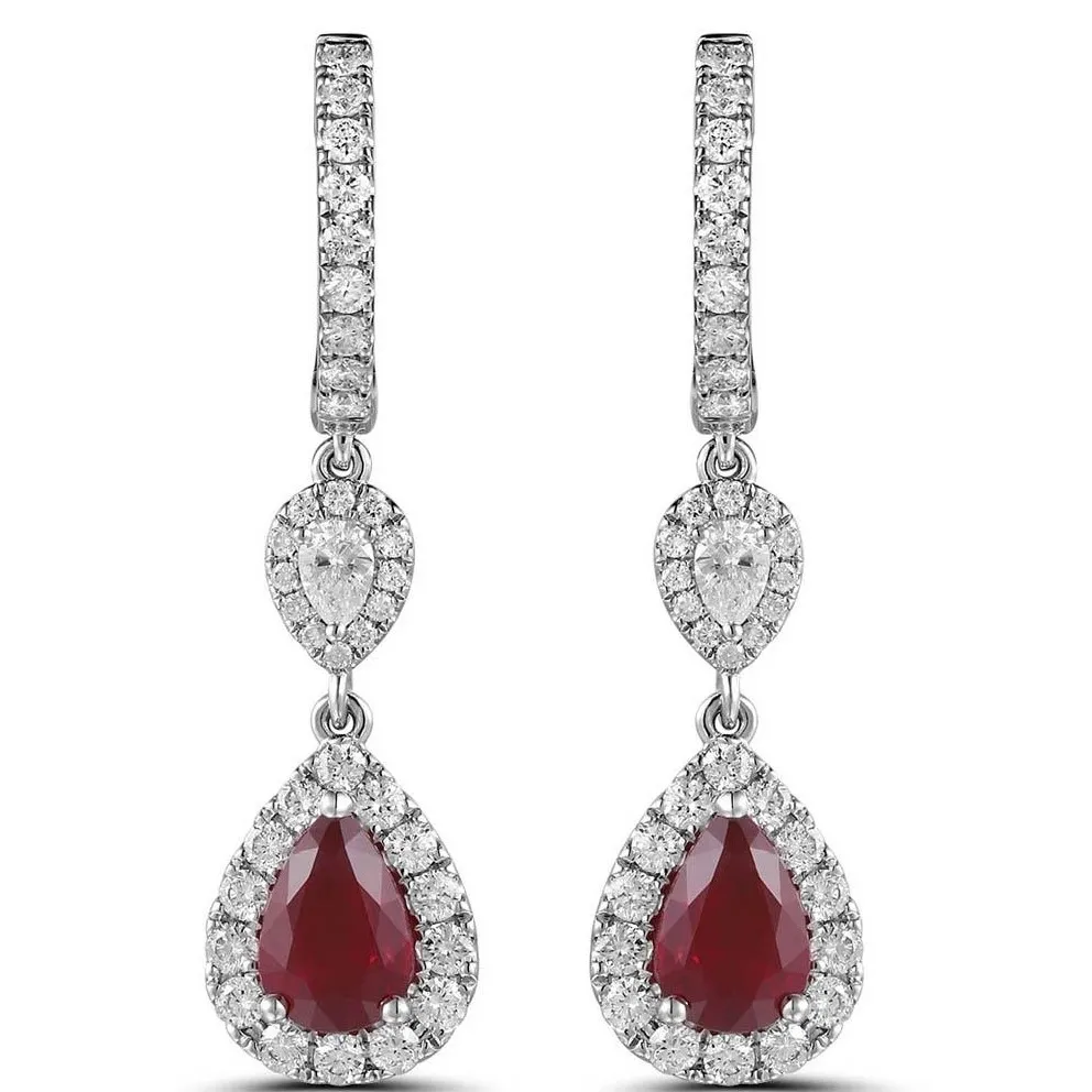 18K White Gold Diamond Hoop Earring with Pear Ruby and Pear Diamond with Halo Dangle