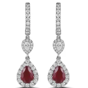 18K White Gold Diamond Hoop Earring with Pear Ruby and Pear Diamond with Halo Dangle