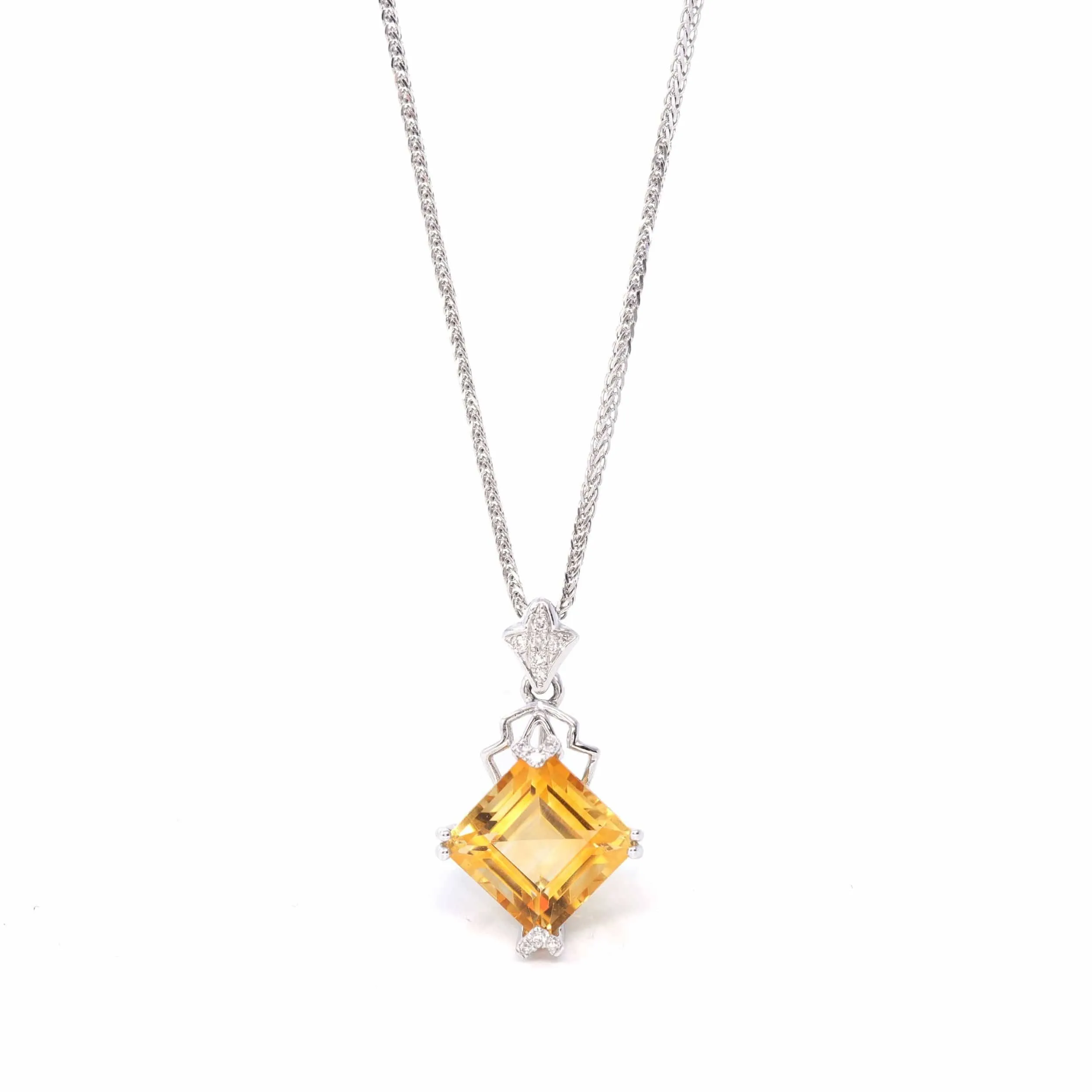 18k White Gold Princess Cut AA Citrine Necklace With Diamonds