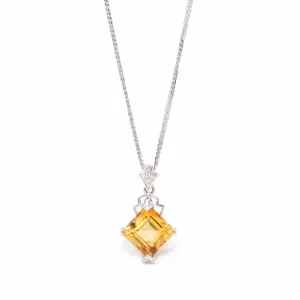 18k White Gold Princess Cut AA Citrine Necklace With Diamonds