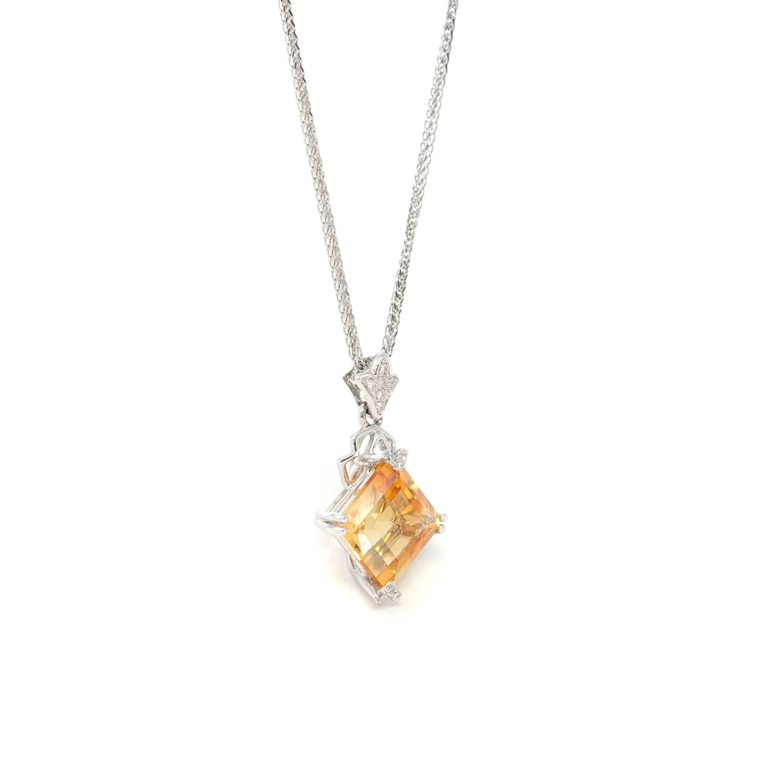 18k White Gold Princess Cut AA Citrine Necklace With Diamonds
