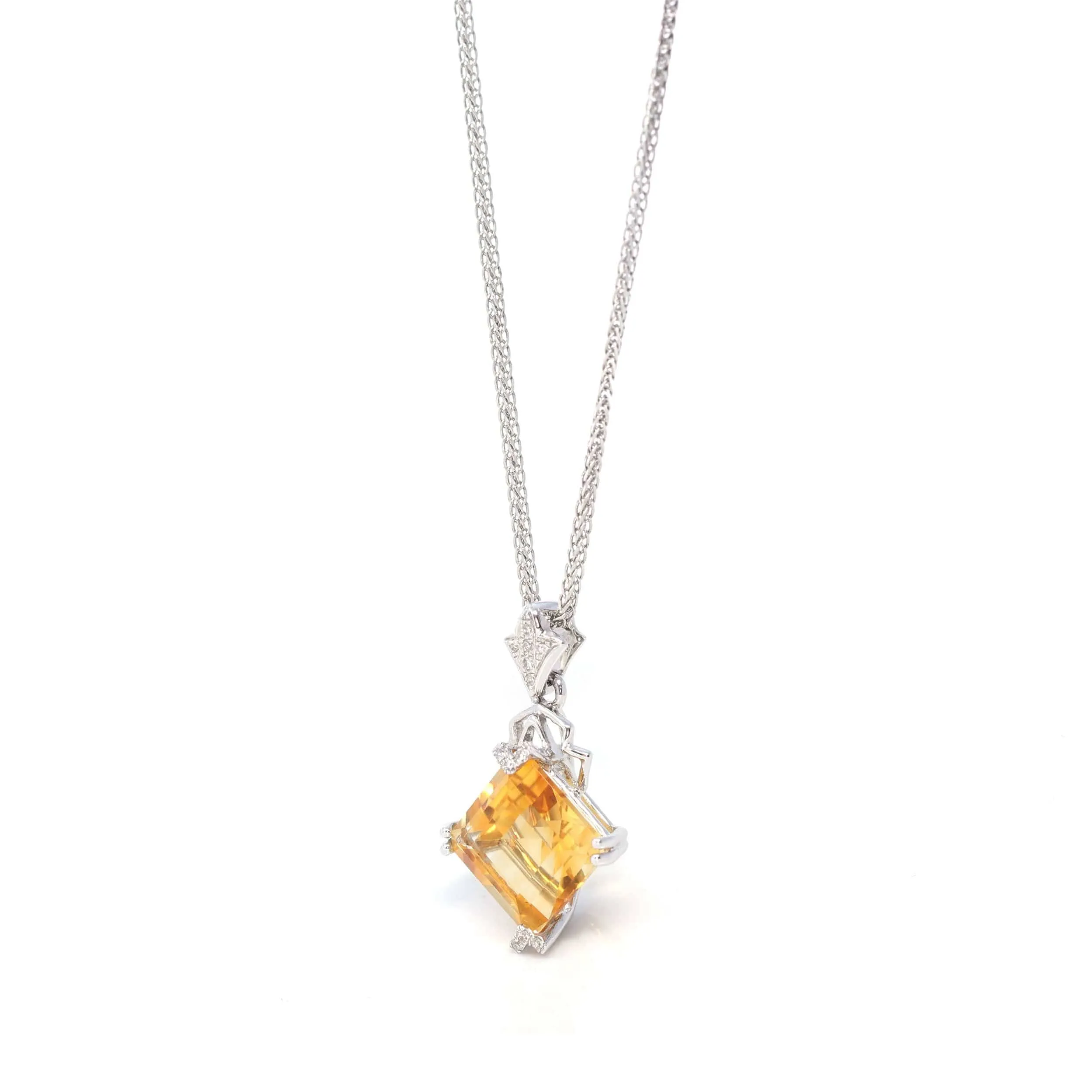 18k White Gold Princess Cut AA Citrine Necklace With Diamonds