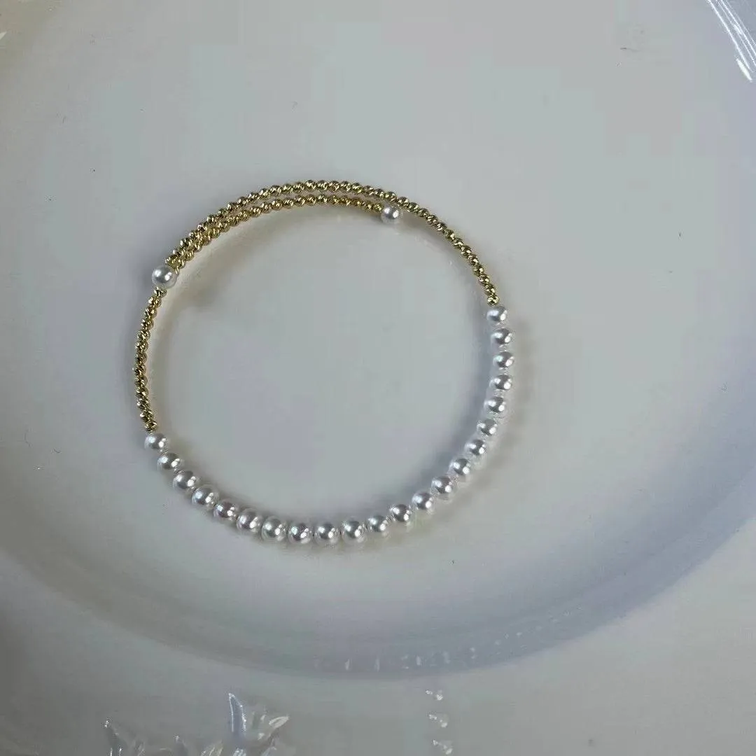 3-4mm Freshwater Pearl Beaded Bracelet 18K Gold
