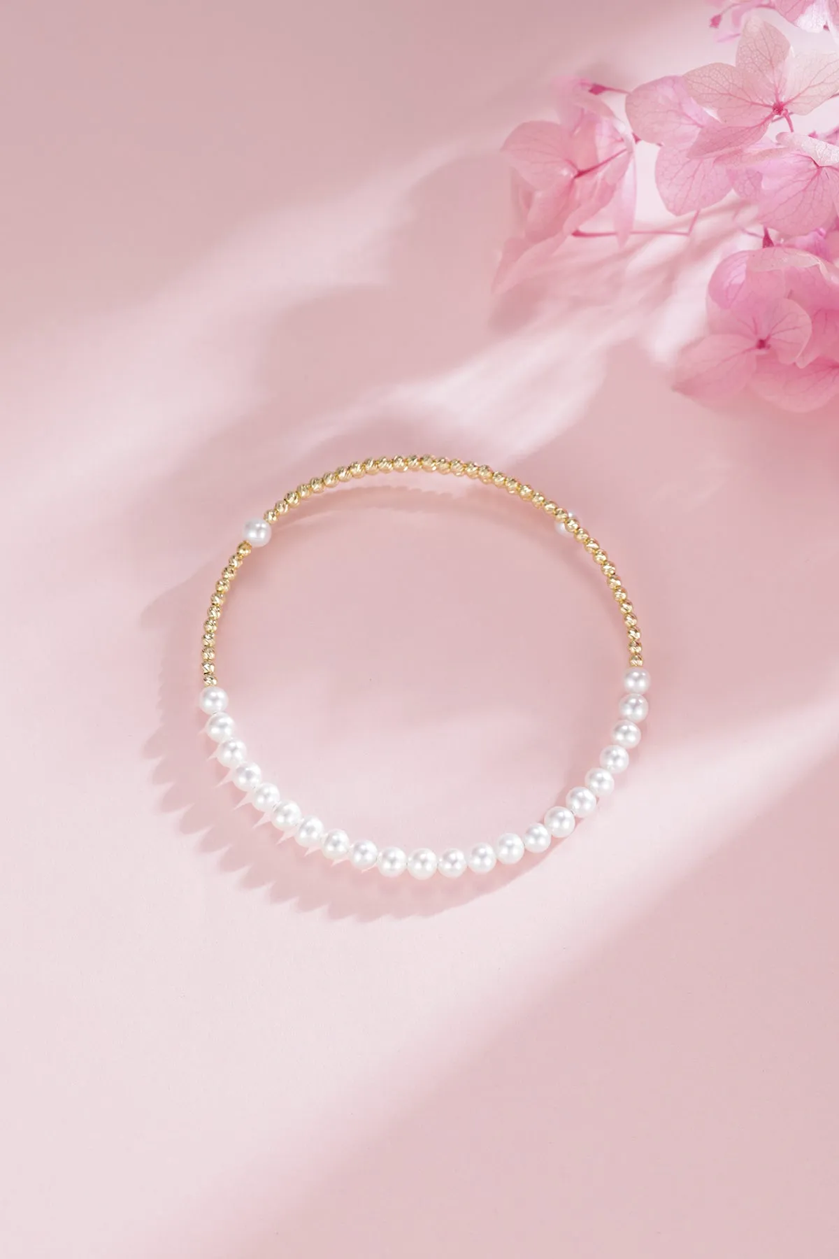 3-4mm Freshwater Pearl Beaded Bracelet 18K Gold
