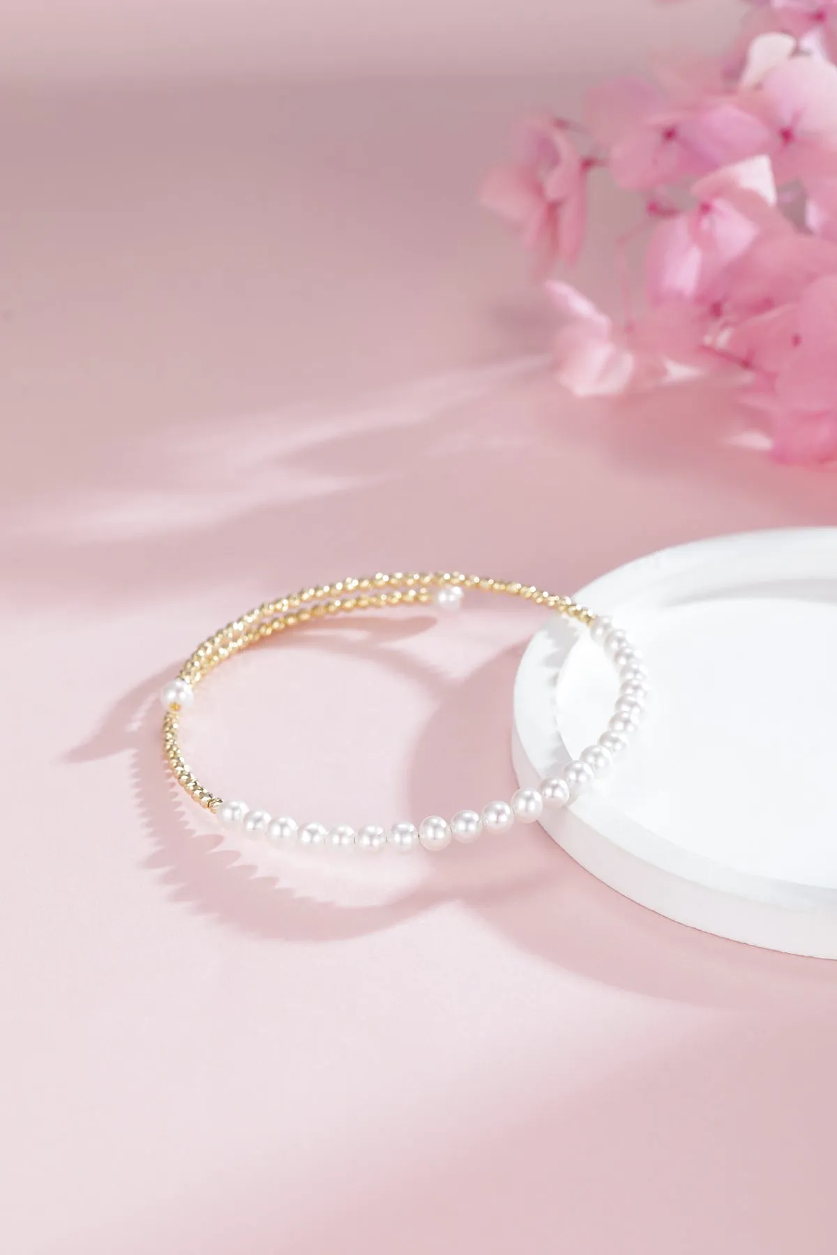 3-4mm Freshwater Pearl Beaded Bracelet 18K Gold