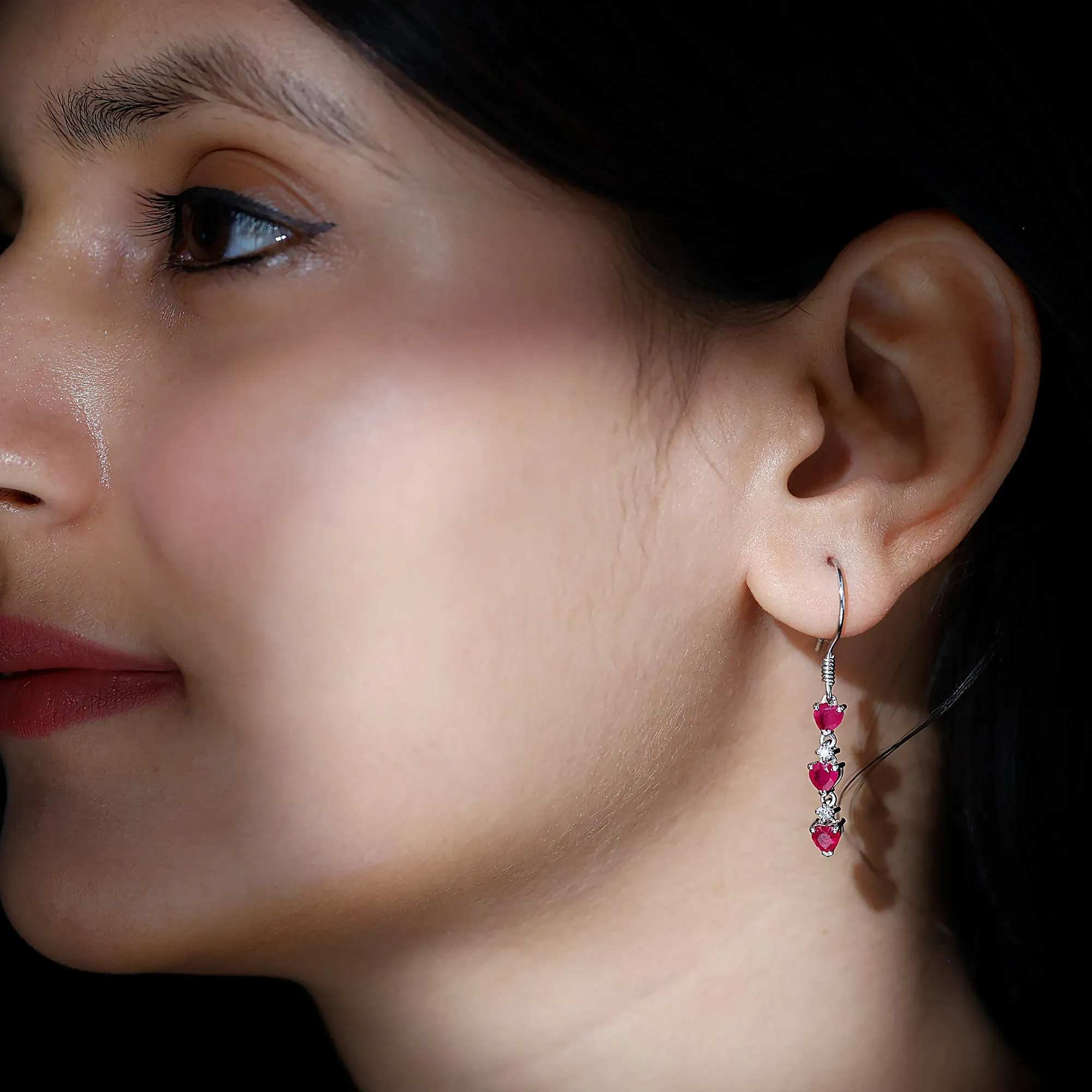 3 Heart Lab Grown Ruby Dangle Earrings with Moissanite