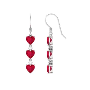 3 Heart Lab Grown Ruby Dangle Earrings with Moissanite
