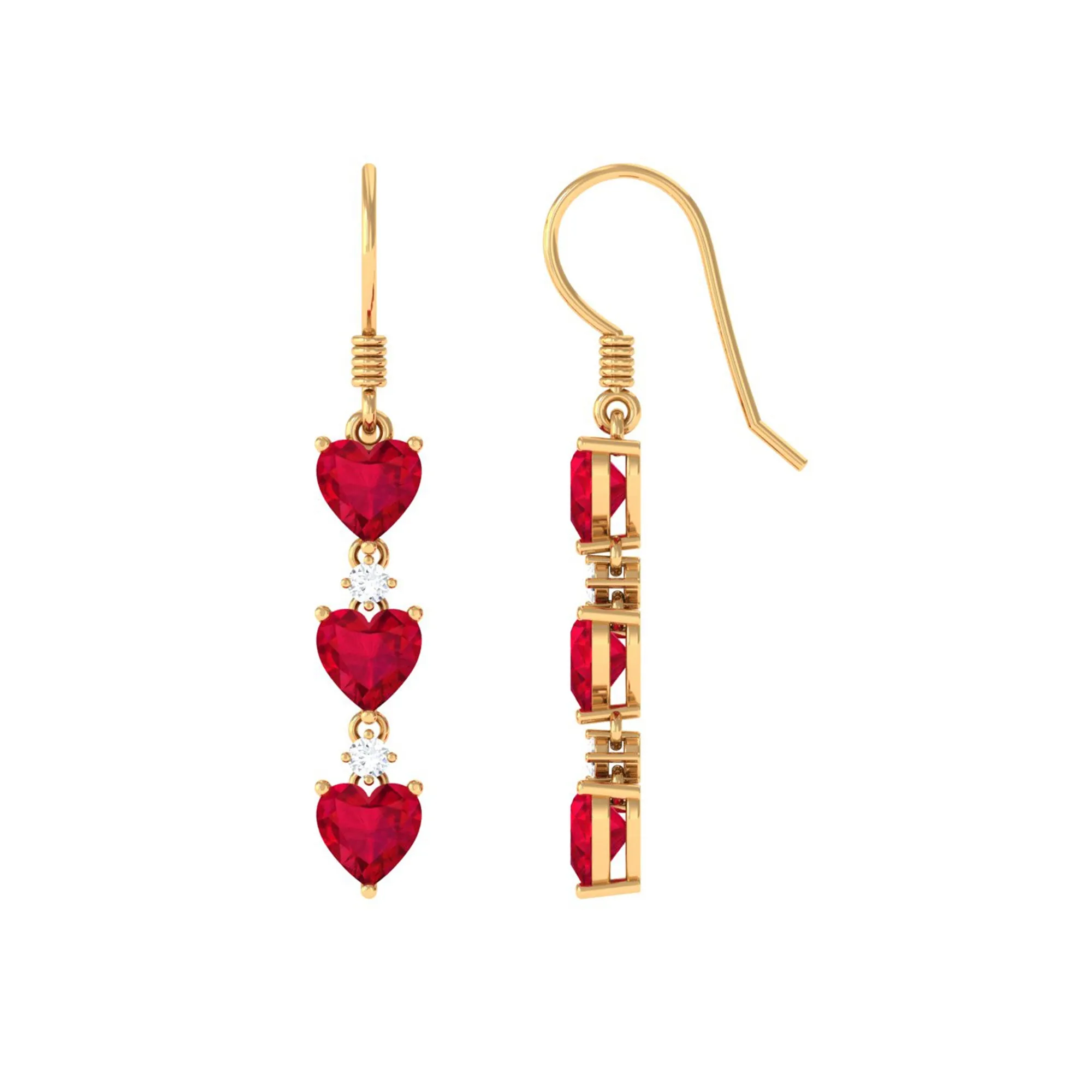 3 Heart Lab Grown Ruby Dangle Earrings with Moissanite