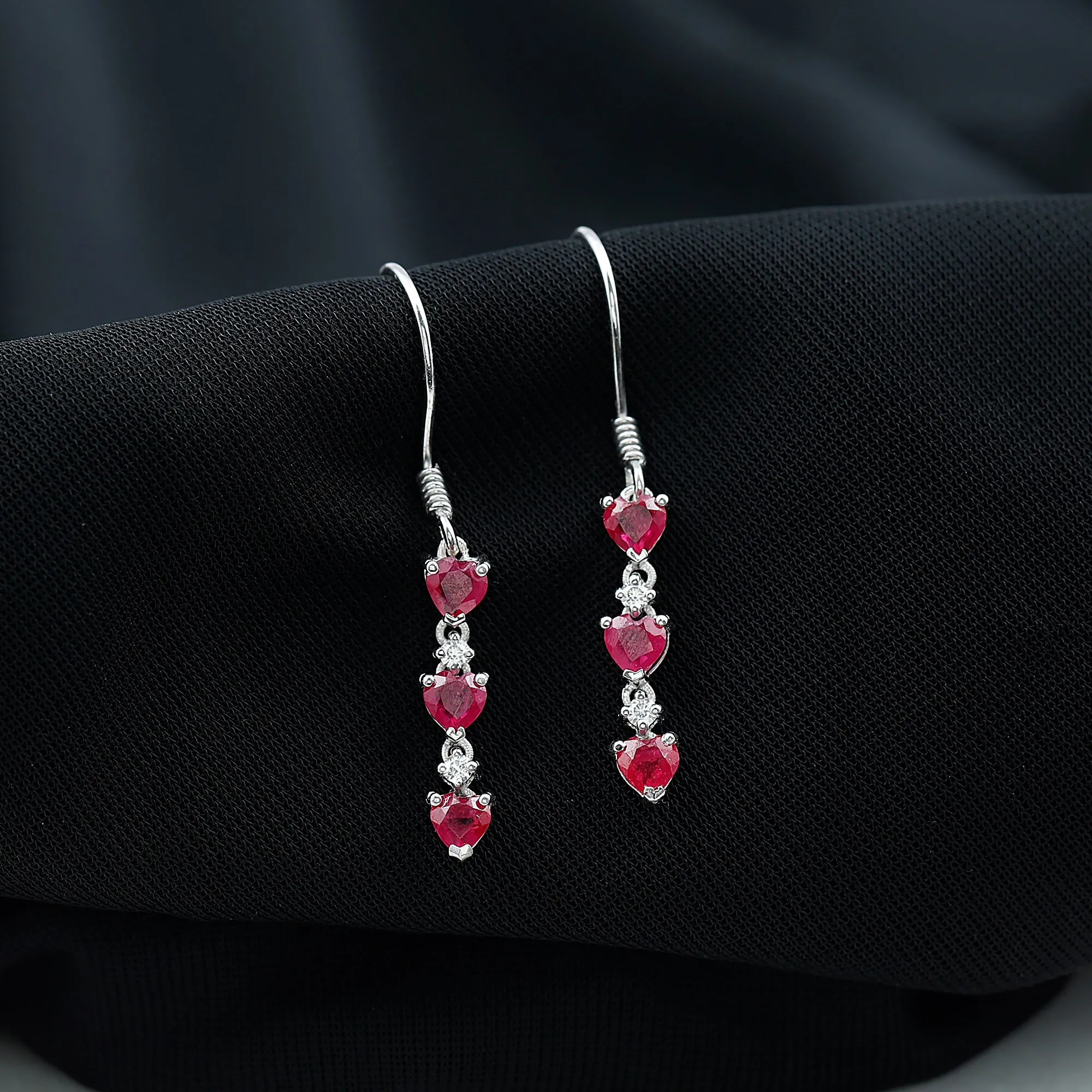 3 Heart Lab Grown Ruby Dangle Earrings with Moissanite