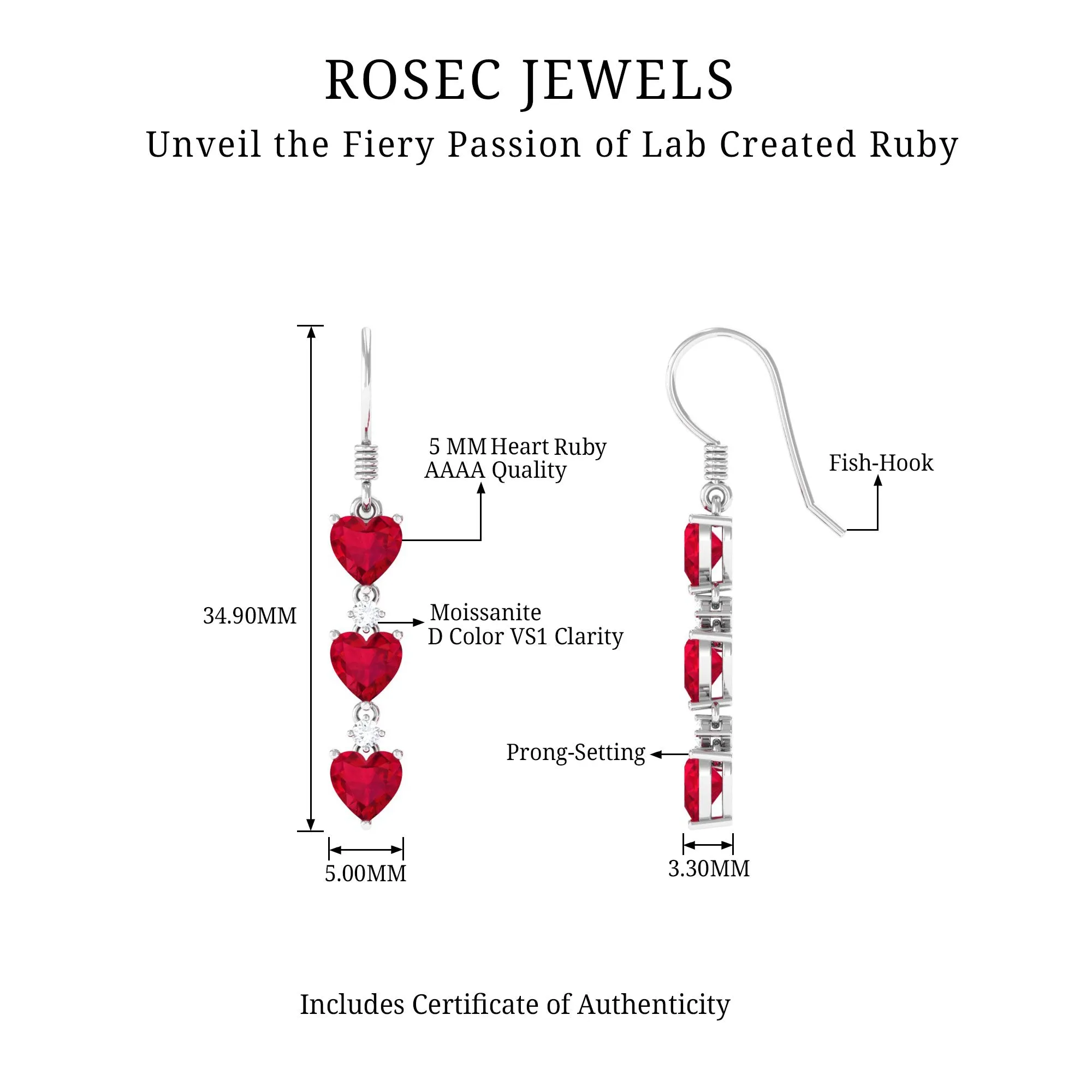 3 Heart Lab Grown Ruby Dangle Earrings with Moissanite