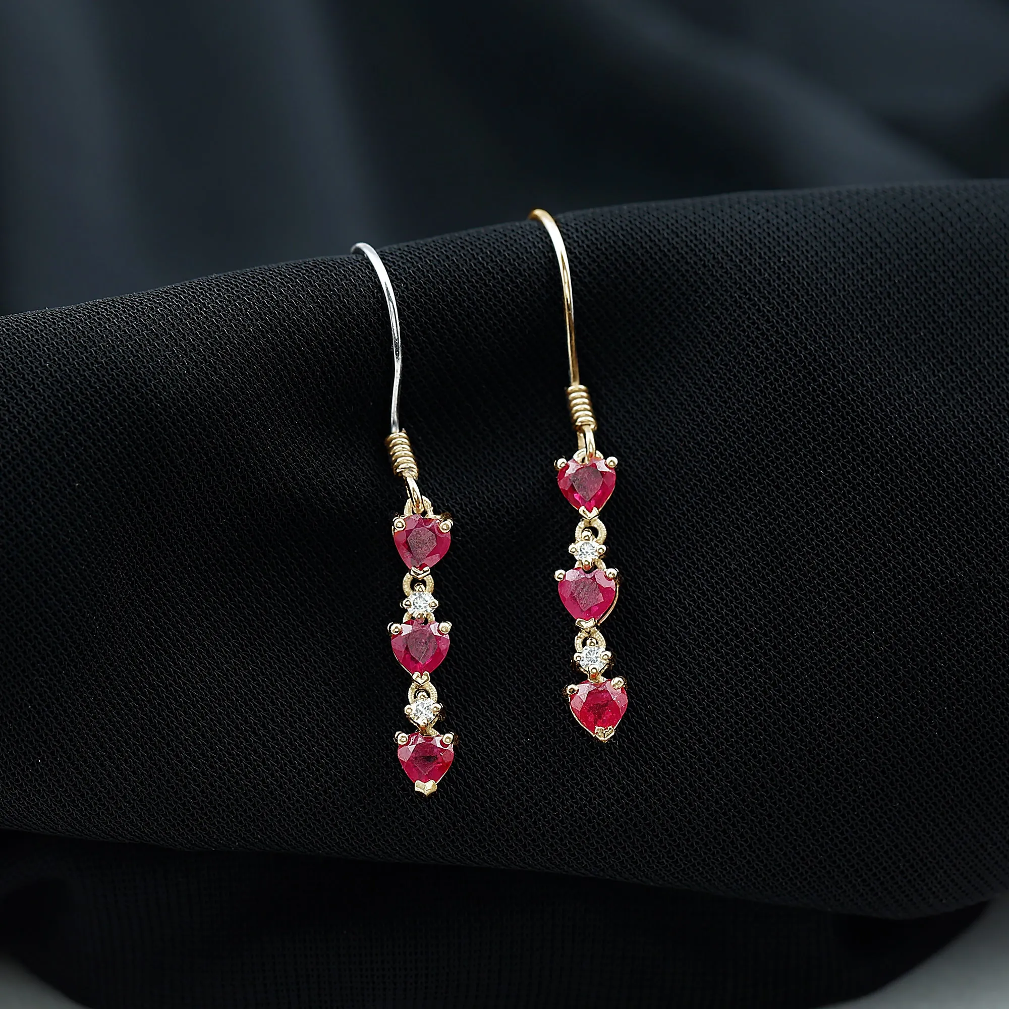 3 Heart Lab Grown Ruby Dangle Earrings with Moissanite