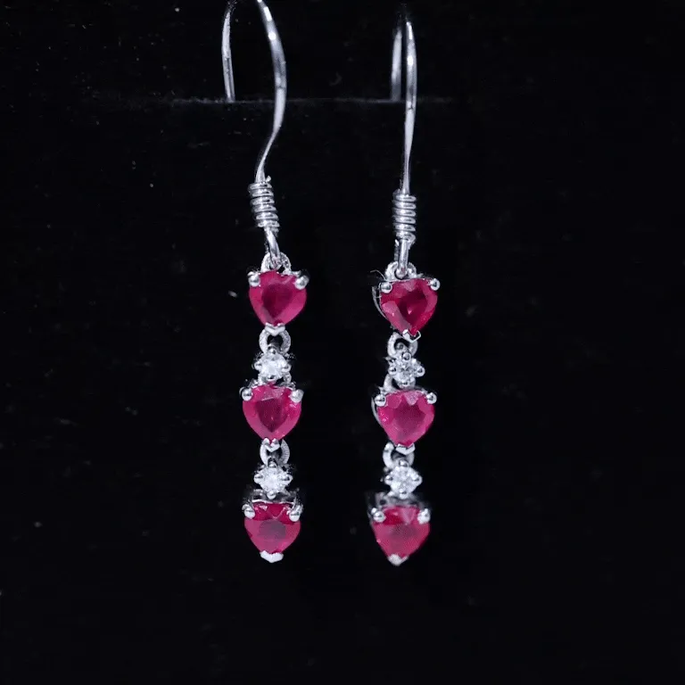 3 Heart Lab Grown Ruby Dangle Earrings with Moissanite