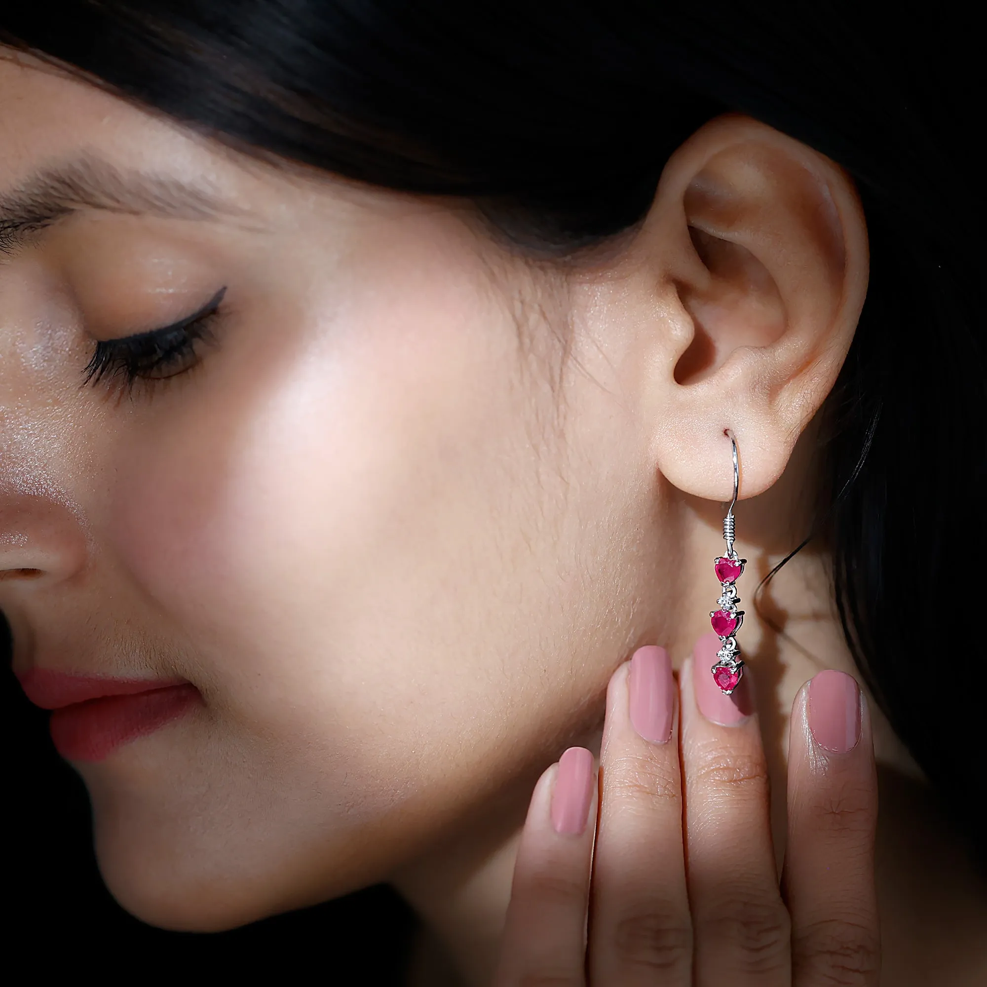 3 Heart Lab Grown Ruby Dangle Earrings with Moissanite
