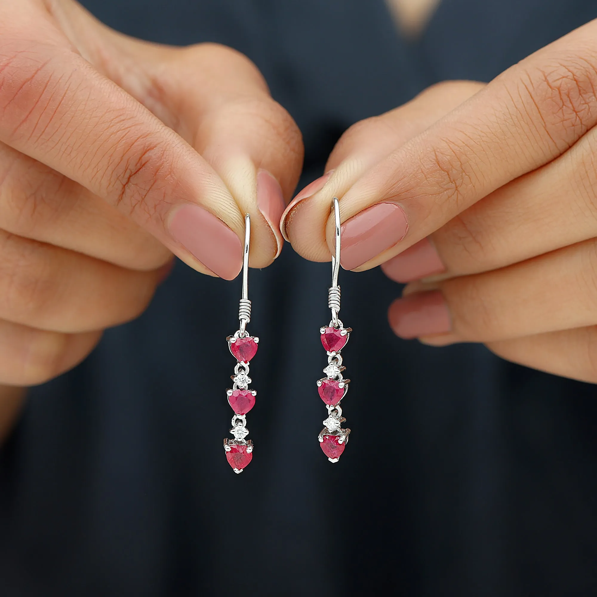 3 Heart Lab Grown Ruby Dangle Earrings with Moissanite