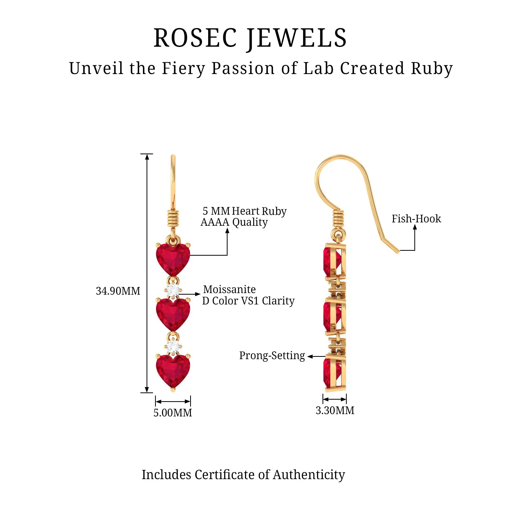 3 Heart Lab Grown Ruby Dangle Earrings with Moissanite