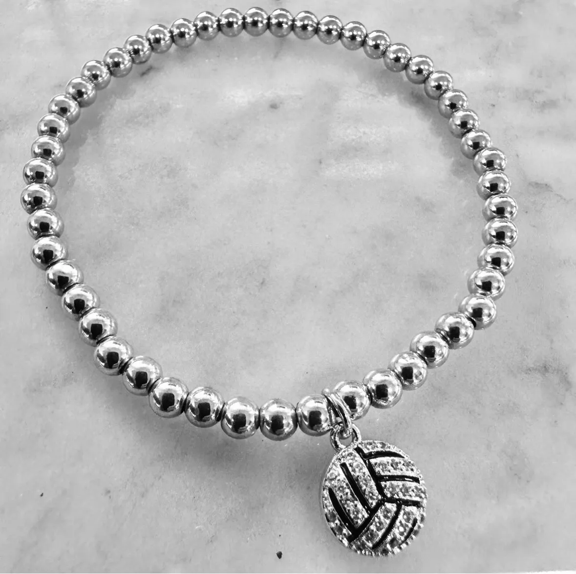 4mm Bead Stretch Bracelet with Matching Cubic Zirconia Sports Charm
