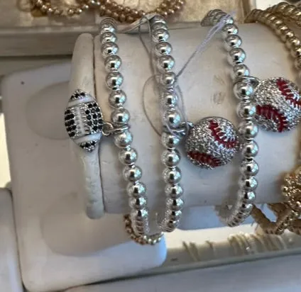 4mm Bead Stretch Bracelet with Matching Cubic Zirconia Sports Charm