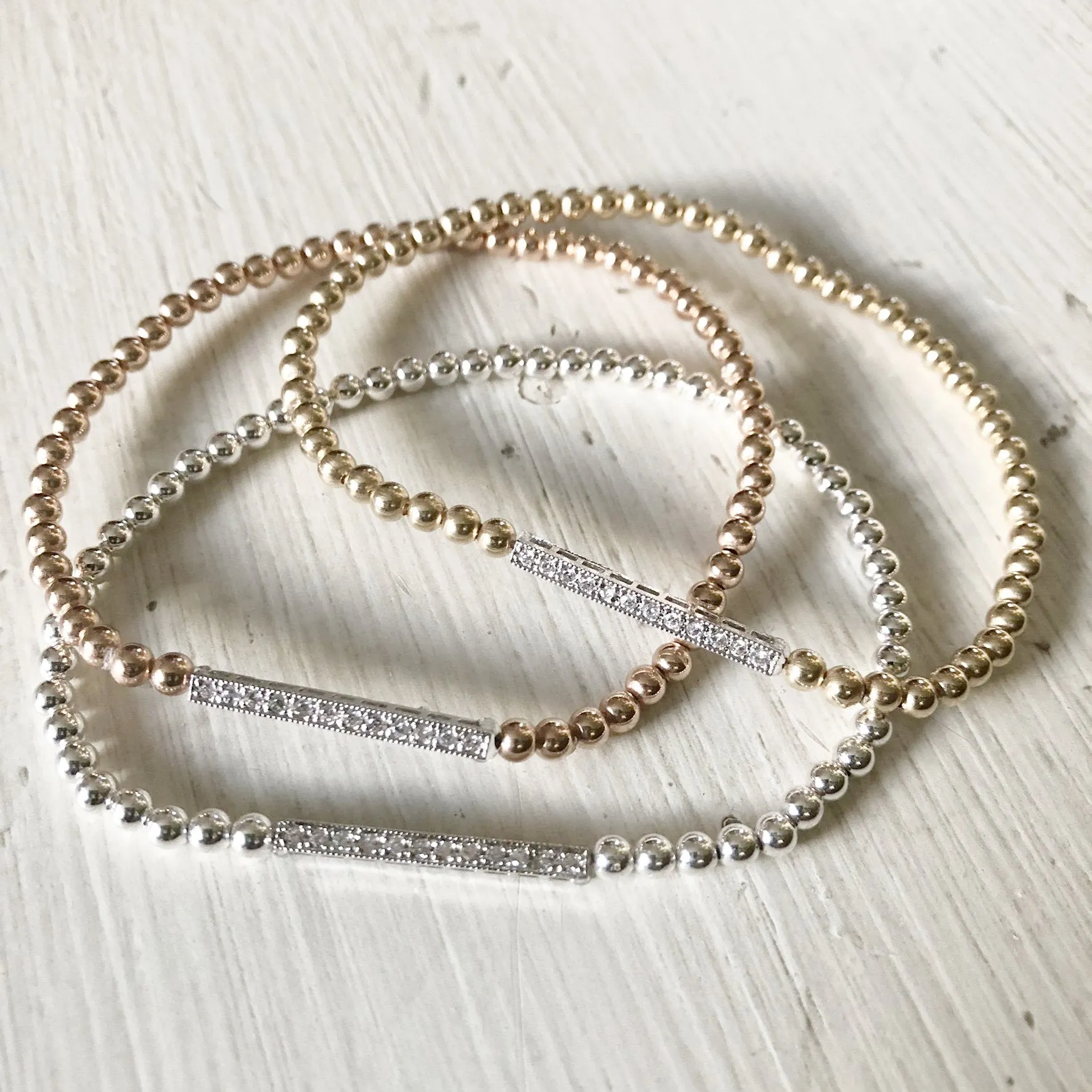4mm Bead Stretch Bracelet with Sterling Silver/Cubic Zirconia Bar