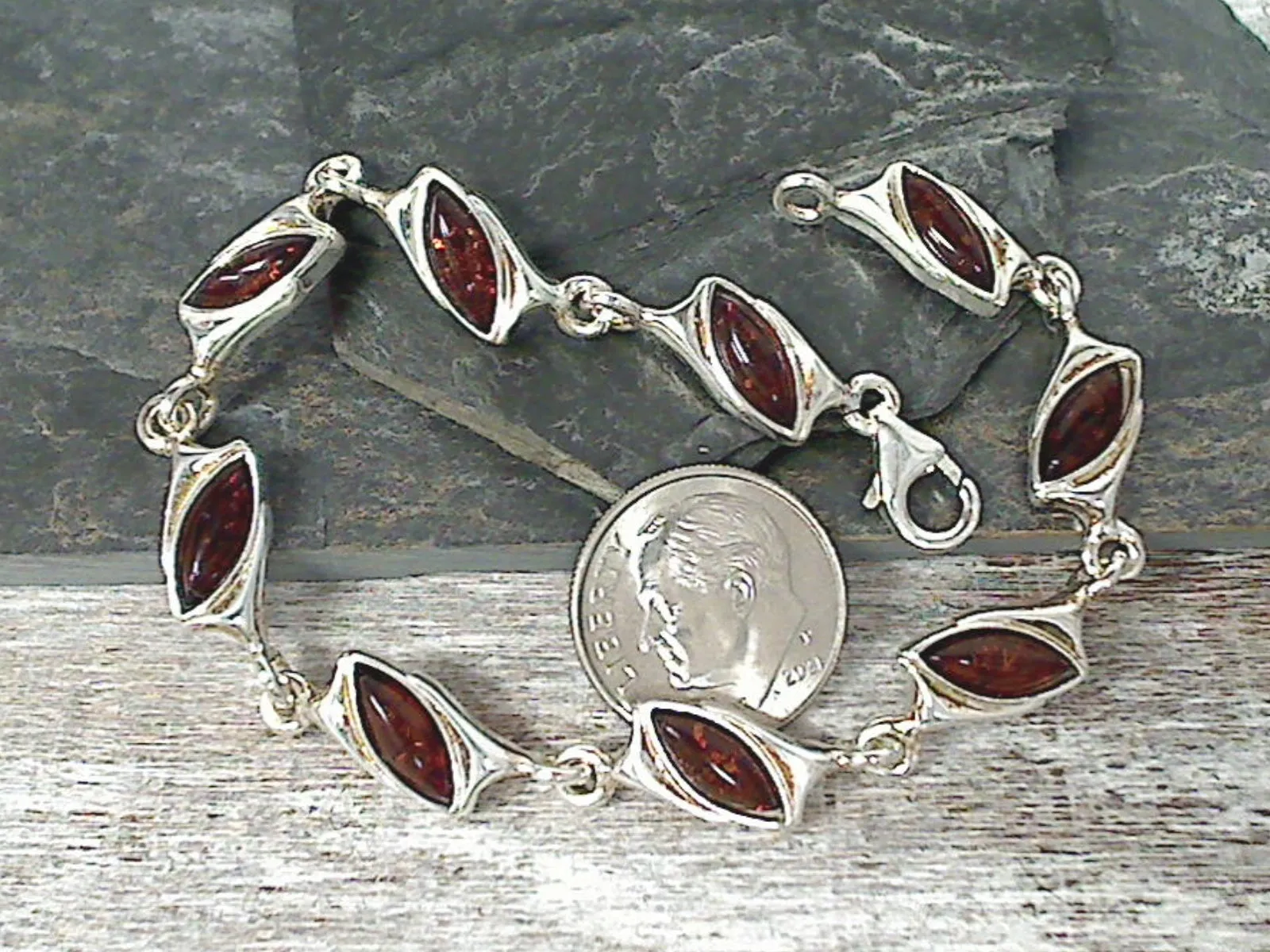 7.5" Amber, Sterling Silver Bracelet