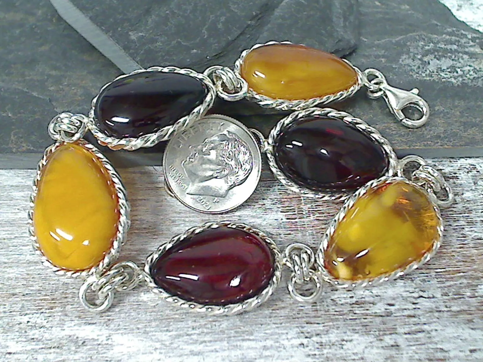 9" - 10" Amber, Sterling Silver Bracelet