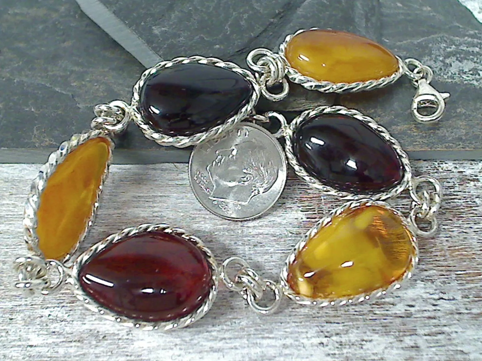9" - 10" Amber, Sterling Silver Bracelet