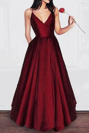 A-line V-neck Spaghetti Strap Burgundy Prom Dress Party Dress PG679