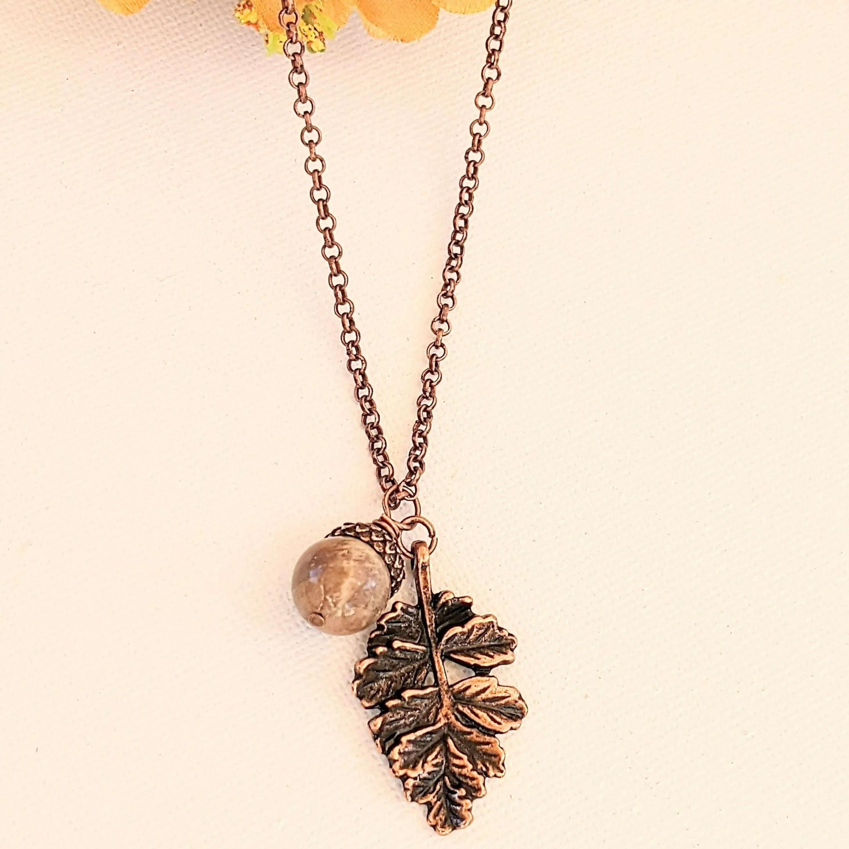 Acorn Oak Leaf Necklace, Antique Copper
