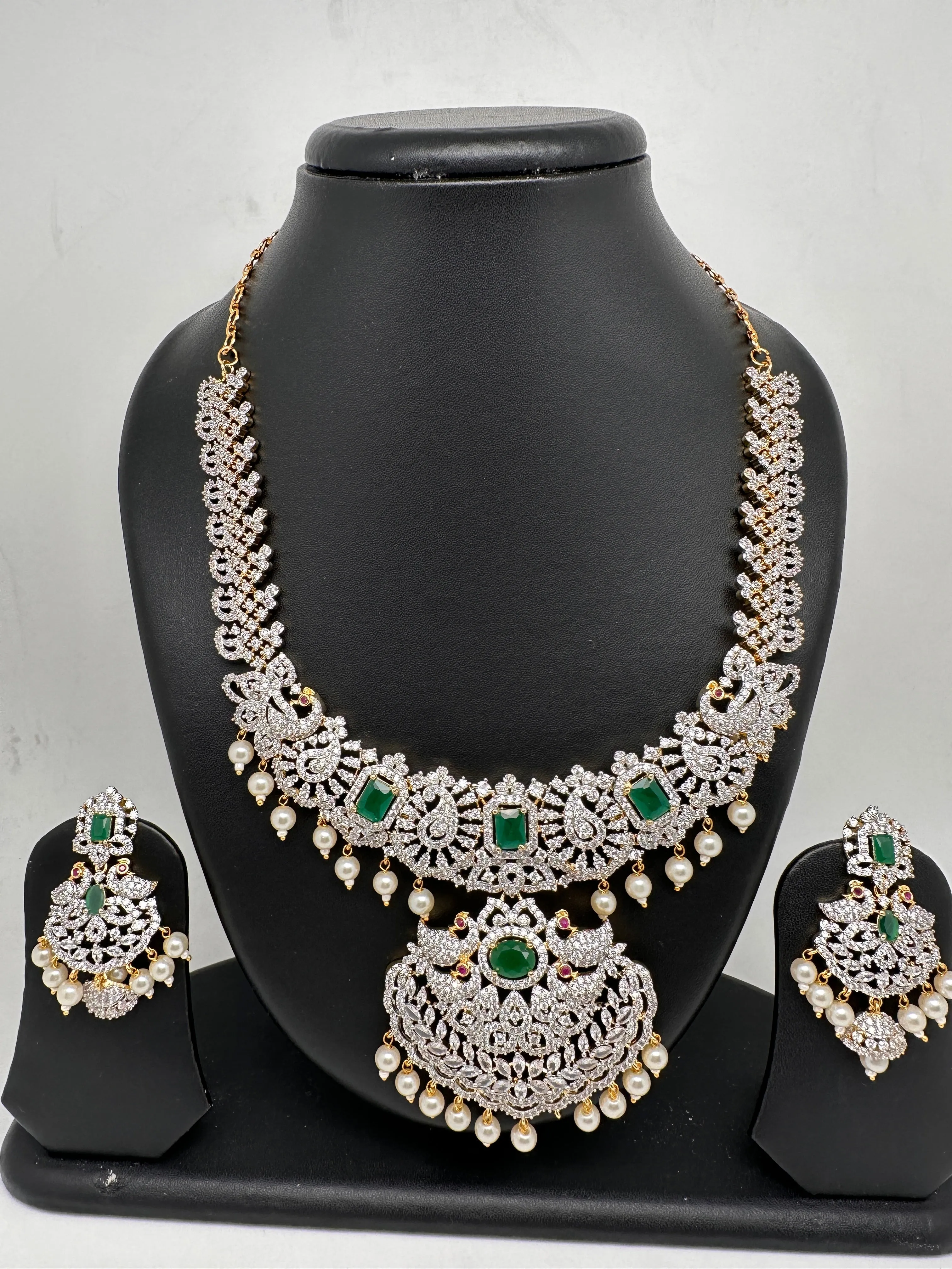 AD Diamond Finish Color Stone Peacock Design Short Necklace