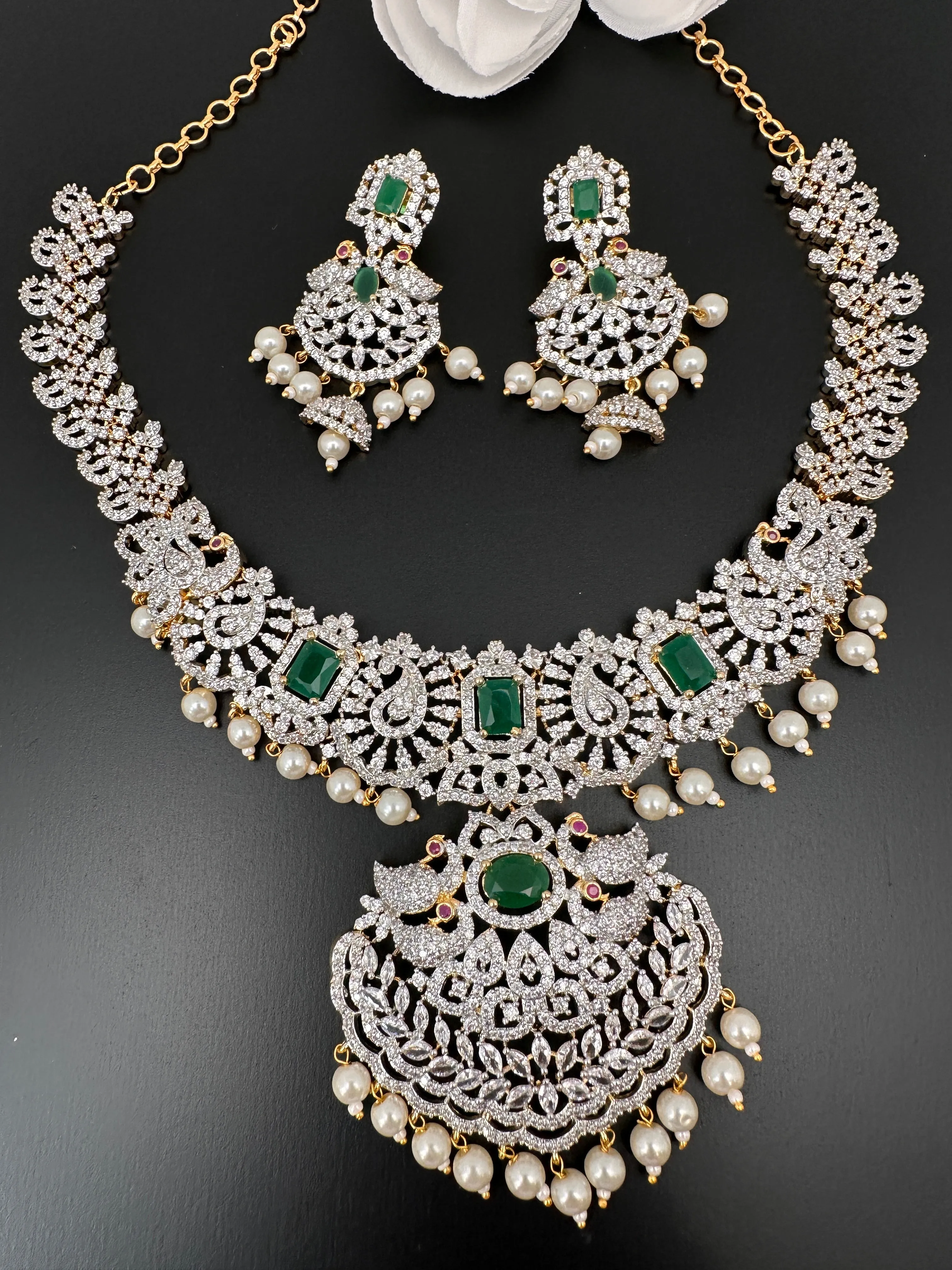 AD Diamond Finish Color Stone Peacock Design Short Necklace