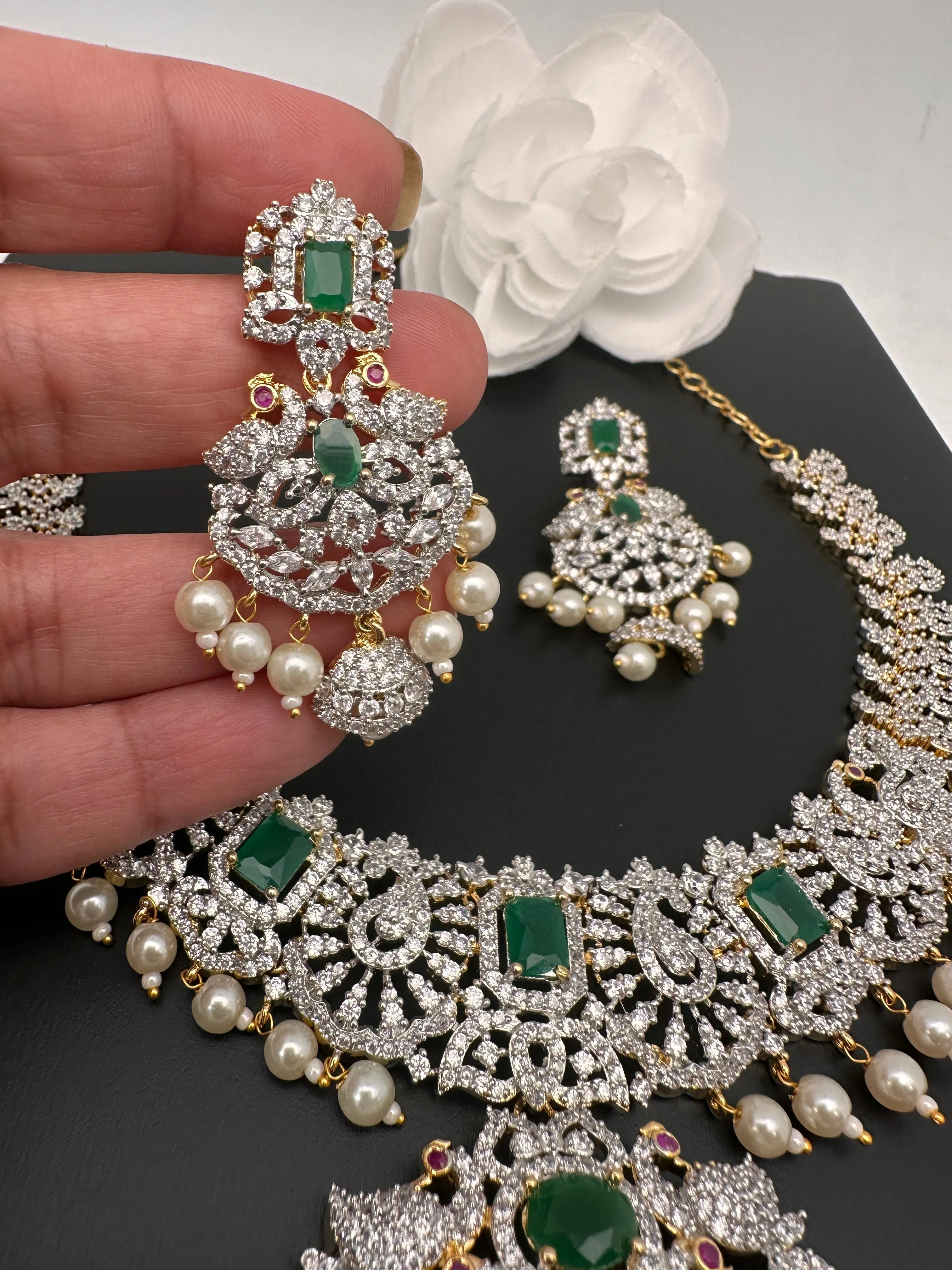 AD Diamond Finish Color Stone Peacock Design Short Necklace