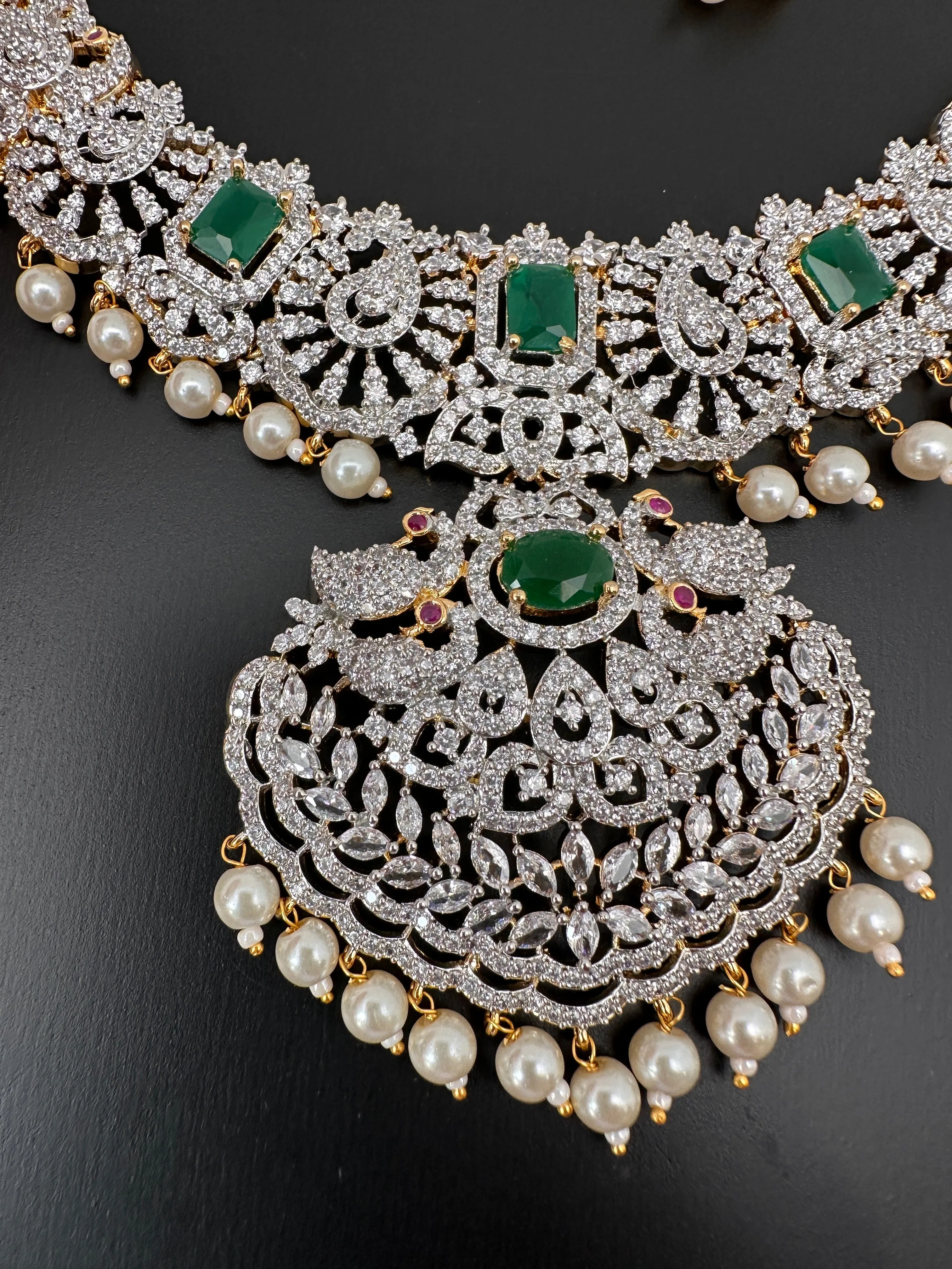 AD Diamond Finish Color Stone Peacock Design Short Necklace